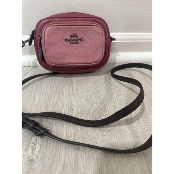 Coach Crossbody Bag Womens Pink Double Zip Camera Pebbled Leather Two Tone Mini - Picture 4 of 10
